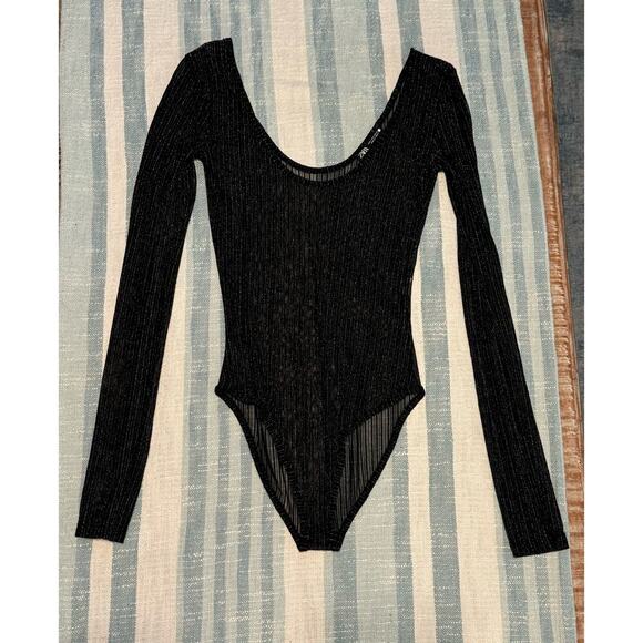 Zara size small bodysuit, sheer, black and gold metallic. - Picture 1 of 7